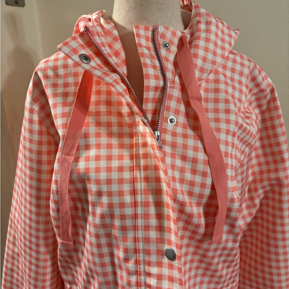 Talbots Pink Gingham Hooded Rain Jacket Women's Size L Lightweight Snap Front - Picture 4 of 6